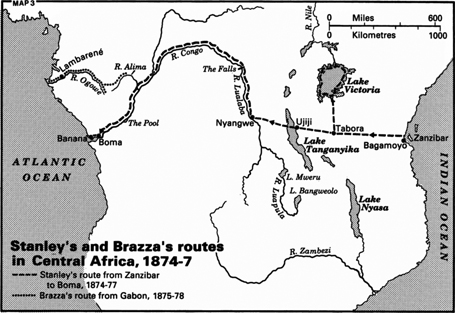 The route Stanley took from then German East Africa the unknown and back to the Congo